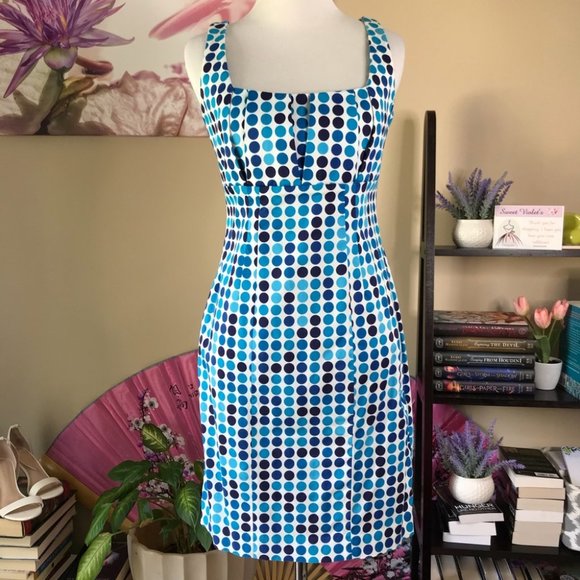 Calvin Klein Blue Polka Dot Fitted Sheath Cocktail Dress - Picture 2 of 12